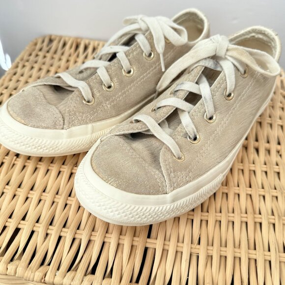 Converse Other - SIZE 2 Girls Converse Gold Metallic Threads Egret White Suede Leather Low Sneake